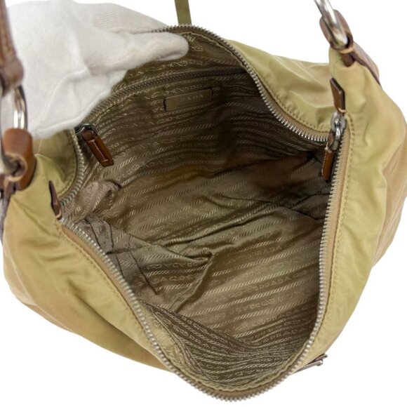 Prada One Shoulder Bag Triangle Logo Hobo Soho Khaki Brown Tessuto Nylon - Picture 9 of 12